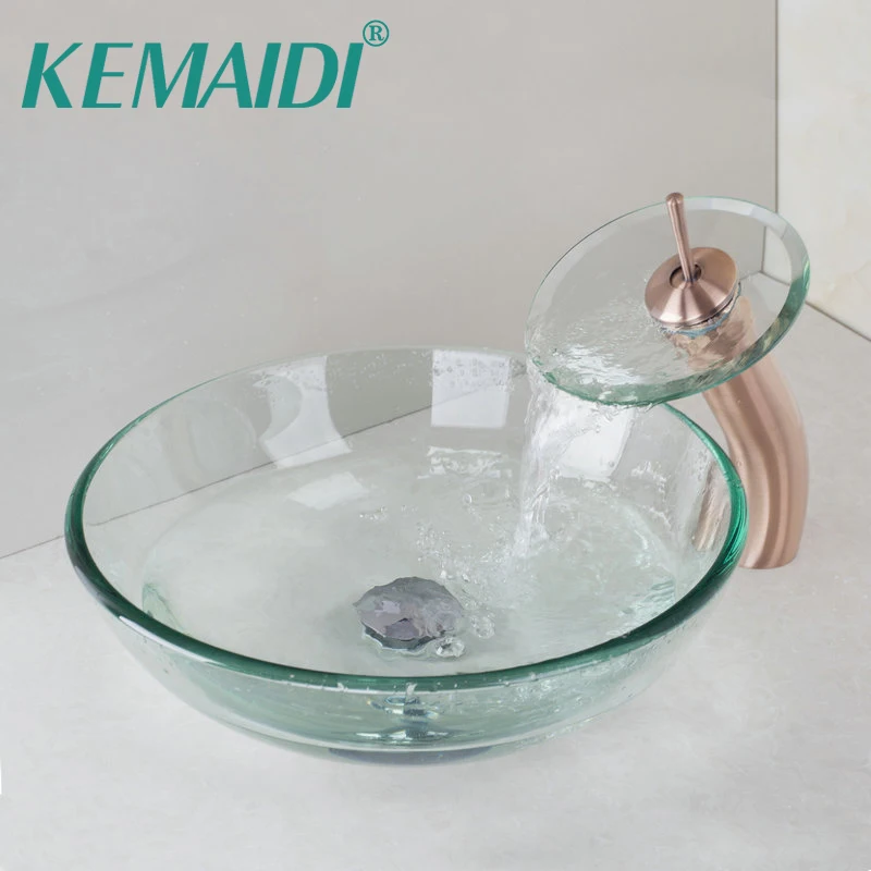 

KEMAIDI Luxury Washbasin Lavatory Tempered Glass Sink Bath Basin Sink Faucet Set Mixers & Taps Tap Bathroom Vessel Sink Vanity