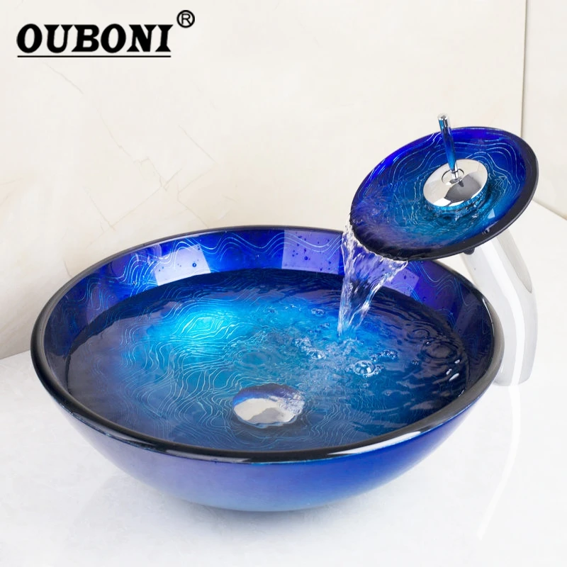 

OUBONI Blue Chrome Tall Basin Tap Bathroom Sink Washbasin Tempered Glass Hand-Painted Waterfall Bath Brass Set Faucet Mixer Tap