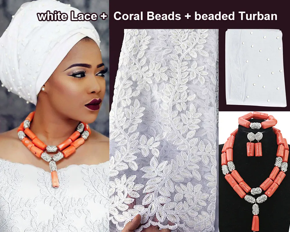 Set of 5 yards pure white African french lace fabric and Coral Beads Velvet turban together high quality
Set of 5 yards pure white African french lace fabric and Coral Beads Velvet turban together high quality