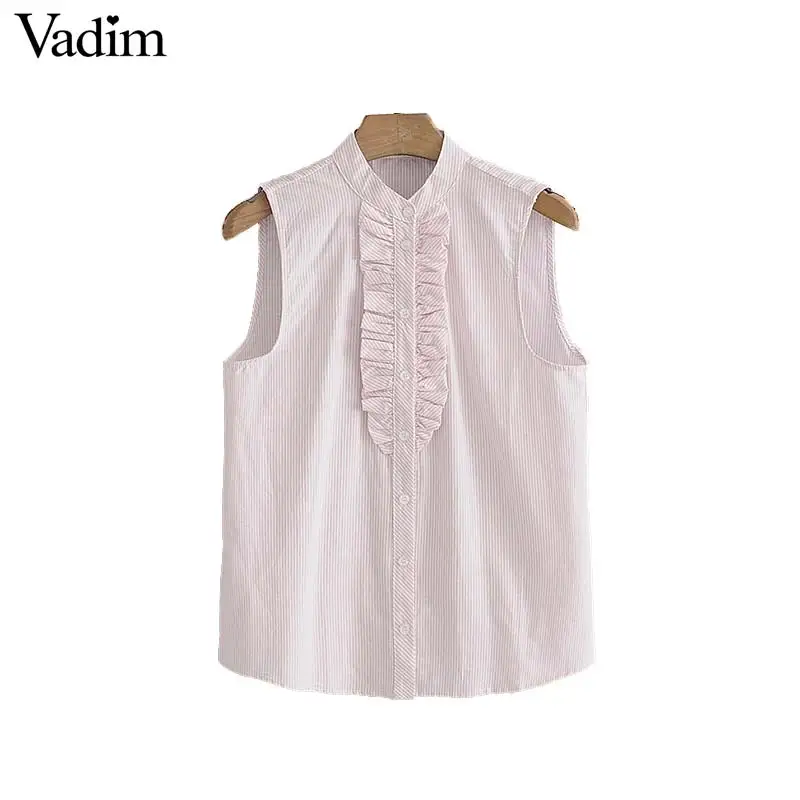 Vadim women sweet ruffled striped blouse sleeveless o neck pleated shirts ladies cute office wear summer tops blusas WA121
Vadim women sweet ruffled striped blouse sleeveless o neck pleated shirts ladies cute office wear summer tops blusas WA121