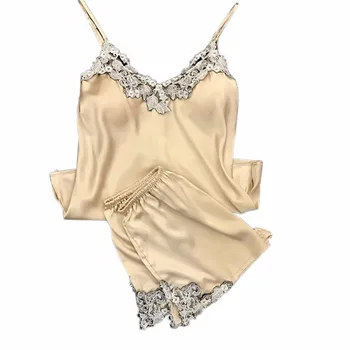 Sexy Sleepwear Tops+Pants Suit Women Silk Embroidered Lace Stitching Candy Colored Sling Home Pajamas 
Sexy Sleepwear Tops+Pants Suit Women Silk Embroidered Lace Stitching Candy Colored Sling Home Pajamas