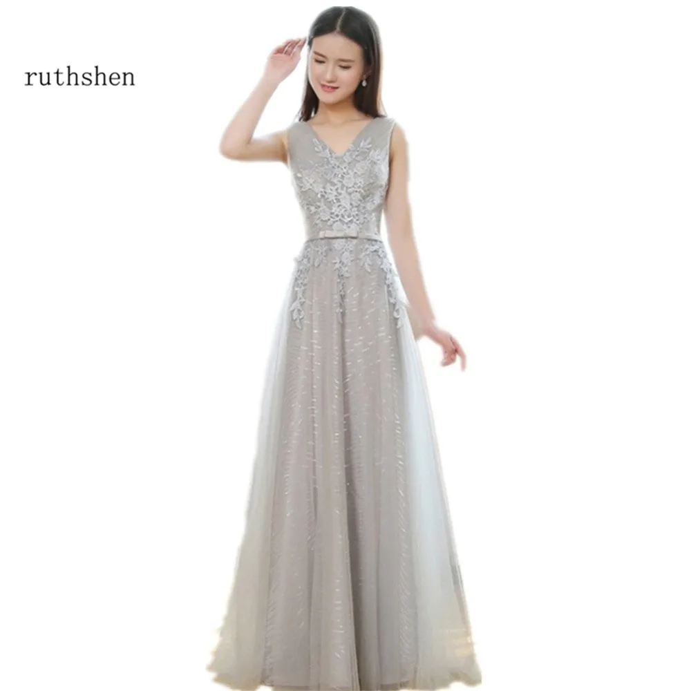 Ruthshen серые Выпускные платья Длинные v-образным вырезом Аппликации Кружева Vestidos