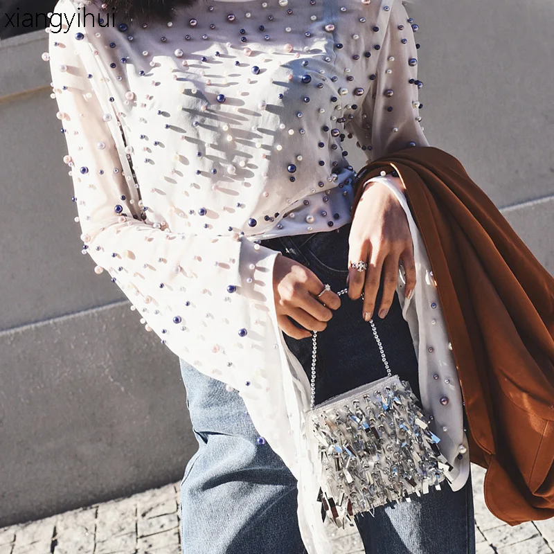 2019 Summer Fashion Rock Punk Pearl Beading Blouse Womens Sexy Black White Flare Sleeve Shirt Casual Elegant Tops and Blouses
2019 Summer Fashion Rock Punk Pearl Beading Blouse Womens Sexy Black White Flare Sleeve Shirt Casual Elegant Tops and Blouses