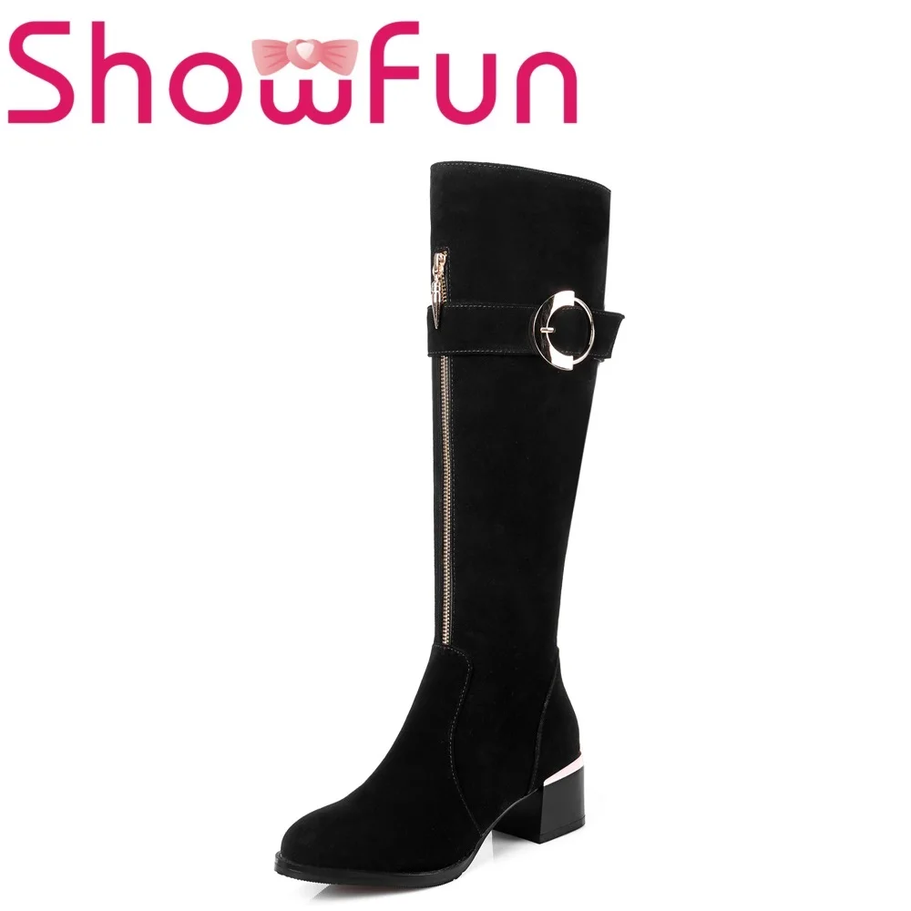 Showfun genuine leather shoes woman winter solid knee-high pointed toe zipper short plush square heel boots
Showfun genuine leather shoes woman winter solid knee-high pointed toe zipper short plush square heel boots