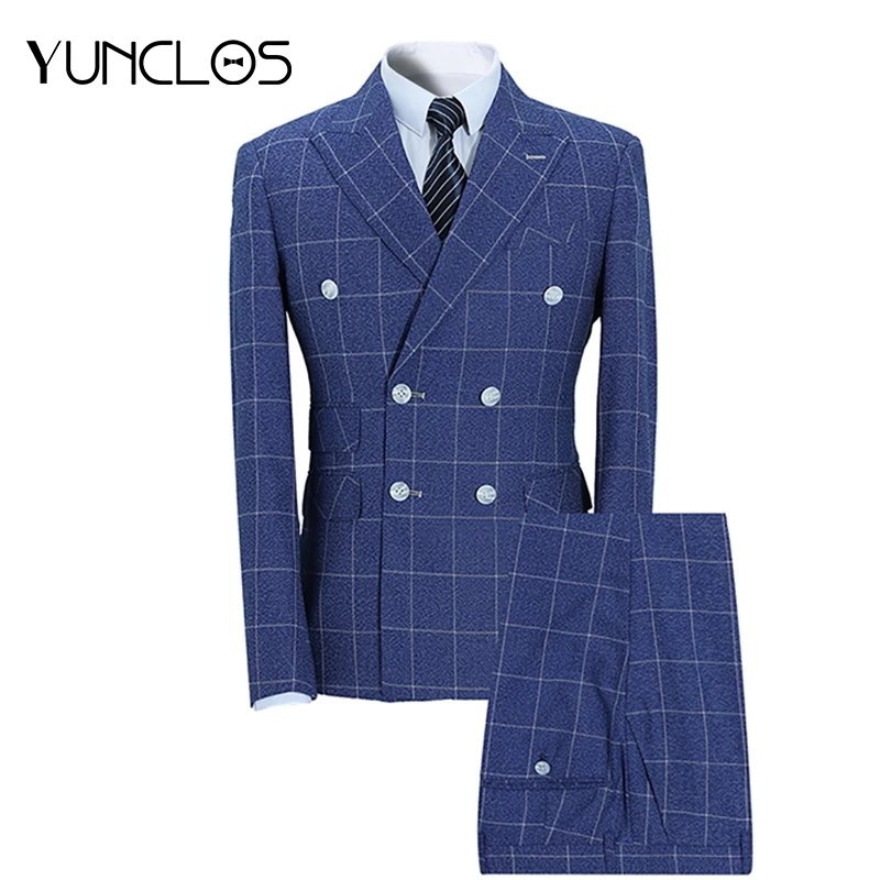 YUNCLOS 3 Pieces Men Suit Classic Blue Plaid Double Breasted Wedding Suits for Men Slim Fit Coats England Plus Size 
YUNCLOS 3 Pieces Men Suit Classic Blue Plaid Double Breasted Wedding Suits for Men Slim Fit Coats England Plus Size