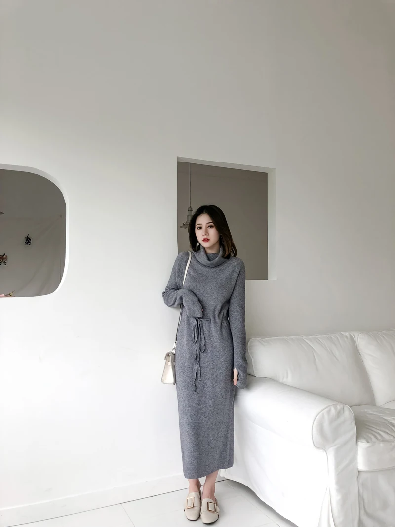 Winter Turtleneck Lace Up Knitted Long Full Sleeve Dress Winter Turtleneck Lace Up Knitted Long Full Sleeve Dress