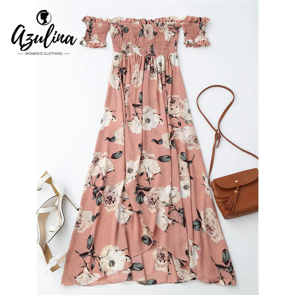 AZULINA Ruffles Off Shoulder Shirred Floral Maxi Dress Boho Tunic Women Short Sleeve Bohemian Long Dress Female 2017 Robe Femme 1