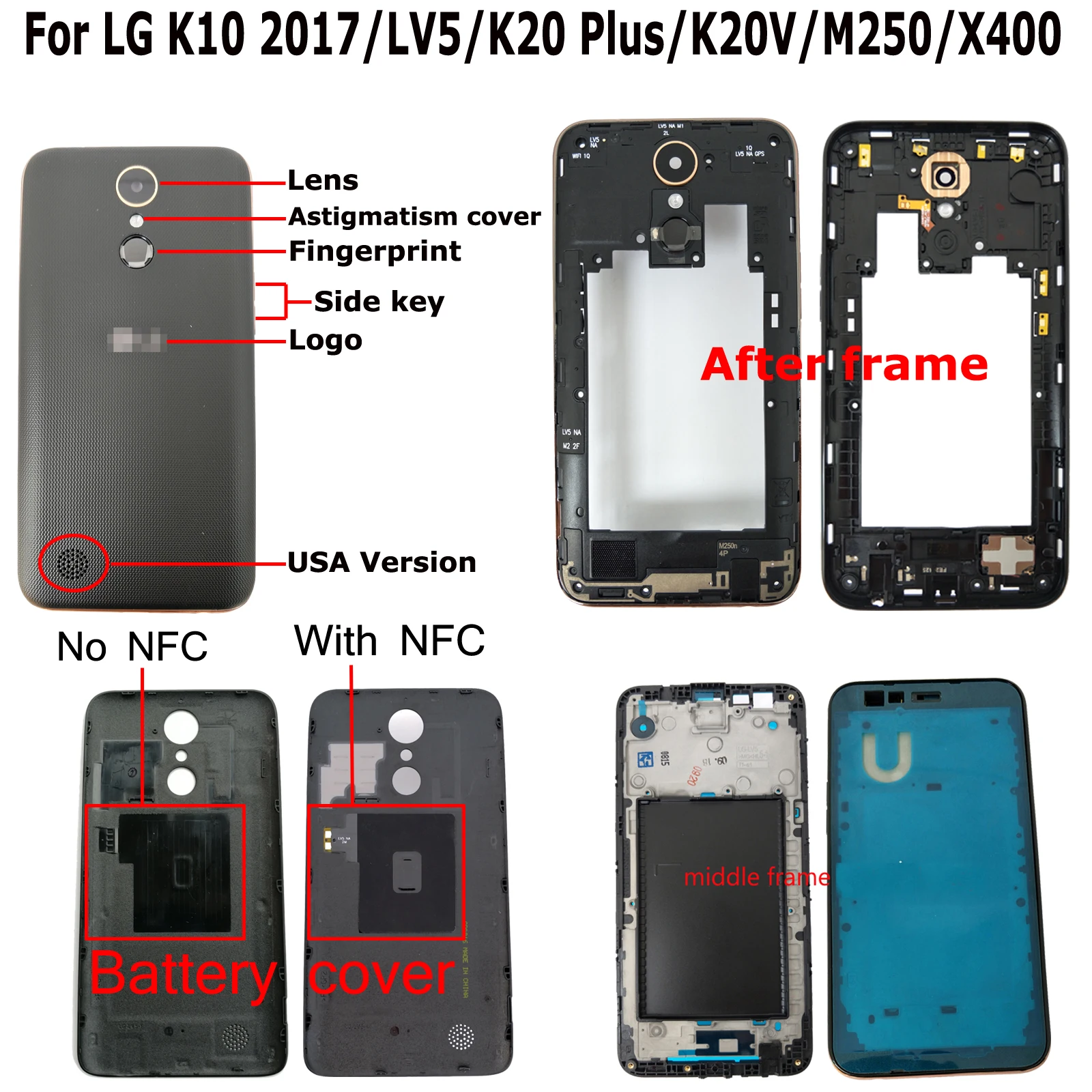 100% Orig New 5.3" For LG K10 2017/LV5/K20 Plus/K20V/M250/X400 Rear Back Door Housing Battery Door Cover Middle front frame
100% Orig New 5.3" For LG K10 2017/LV5/K20 Plus/K20V/M250/X400 Rear Back Door Housing Battery Door Cover Middle front frame