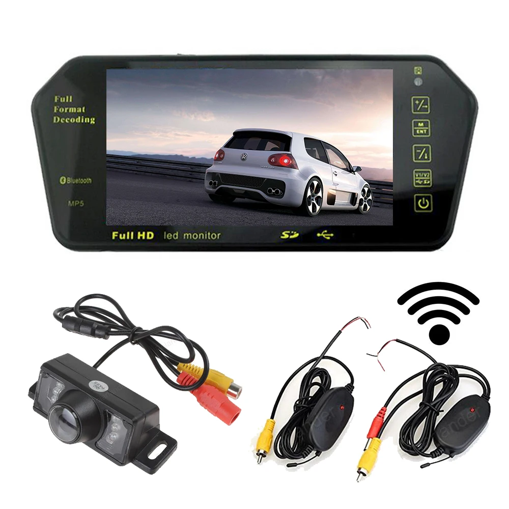 

wireless 7" inch TFT LCD car Mirror monitor MP5 MP4 2 AV in bluetooth TF USB FM + 7 LED rear view night vision camera