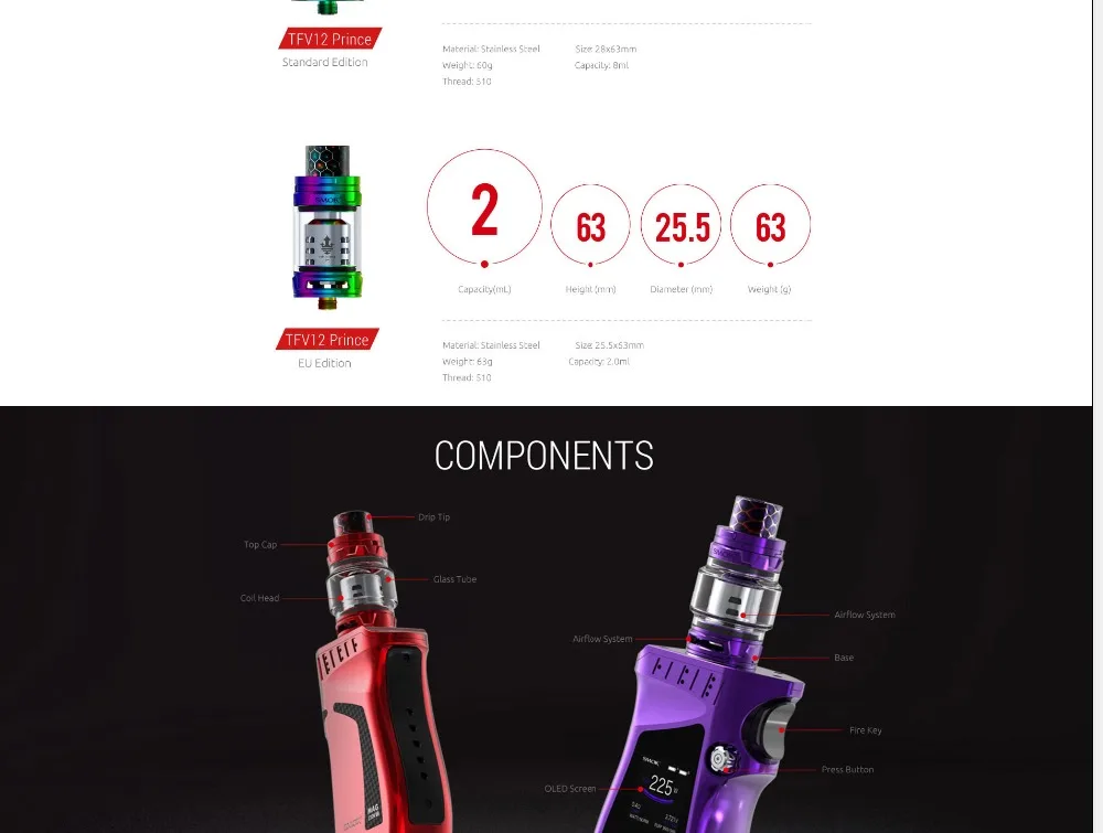 SMOK Mag Kit 225W Electronic Cigarettes perfect Handle Vape with 8ml TFV12 Prince Tank Electronic Cigarettes Kit Vaporizer Mod