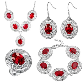 925 Stamp Red Rhinestone White Zircon Jewelry Set Silver color For Women Bracelets/Necklace/Earrings/Ring 
925 Stamp Red Rhinestone White Zircon Jewelry Set Silver color For Women Bracelets/Necklace/Earrings/Ring