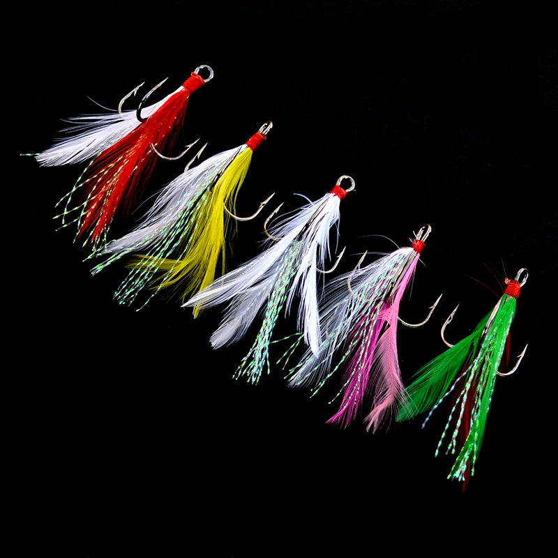 Feathered Treble Fishing Hooks 10pcs/lot Flasher Tied Black Round Bend Barbed Triple Hooks with Feather Size 2# 4# 6# 8# 10#
Feathered Treble Fishing Hooks 10pcs/lot Flasher Tied Black Round Bend Barbed Triple Hooks with Feather Size 2# 4# 6# 8# 10#