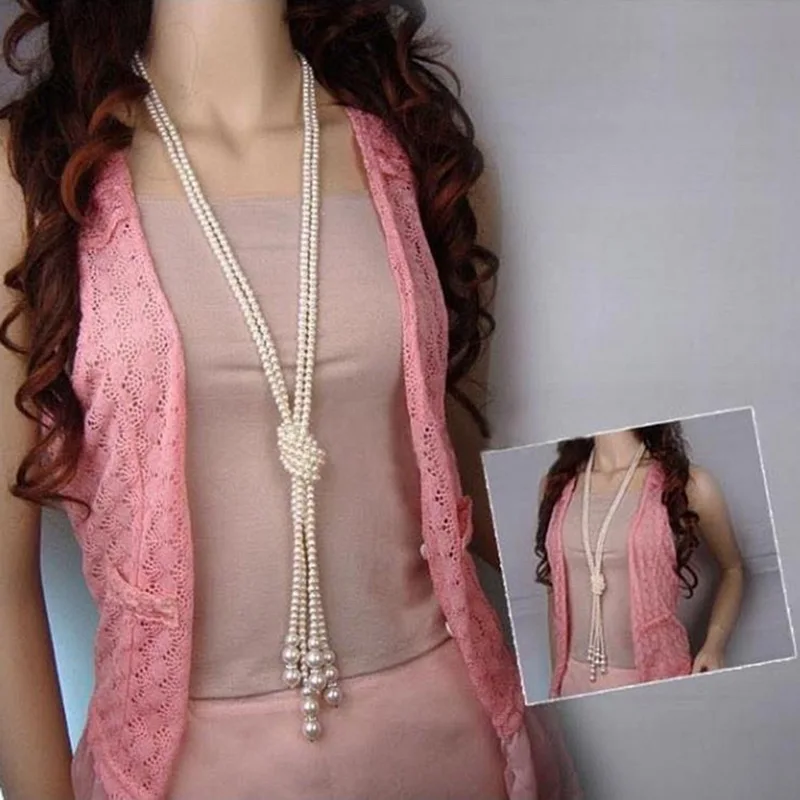 

New Fashion Long Knotted Sweater Necklaces Multilayer Imitation Pearl Necklace For Women Wedding Bride Necklace