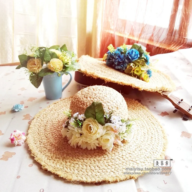 Floral raffia Straw Hats For Women's Female flower Summer Garland Ladies Wide Brim Beach Hats Large brim Sun Caps New Brand
Floral raffia Straw Hats For Women's Female flower Summer Garland Ladies Wide Brim Beach Hats Large brim Sun Caps New Brand
