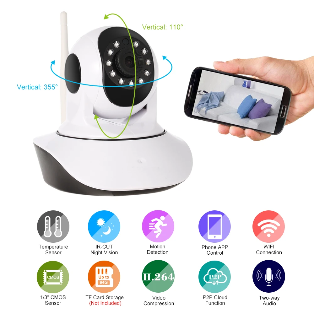 1080P Wireless Pan Tilt HD WIFI IP Camera 2.0MP Support PTZ Two-way Audio Night Vision Temperature&Humidity Sensor Baby monitor
1080P Wireless Pan Tilt HD WIFI IP Camera 2.0MP Support PTZ Two-way Audio Night Vision Temperature&Humidity Sensor Baby monitor