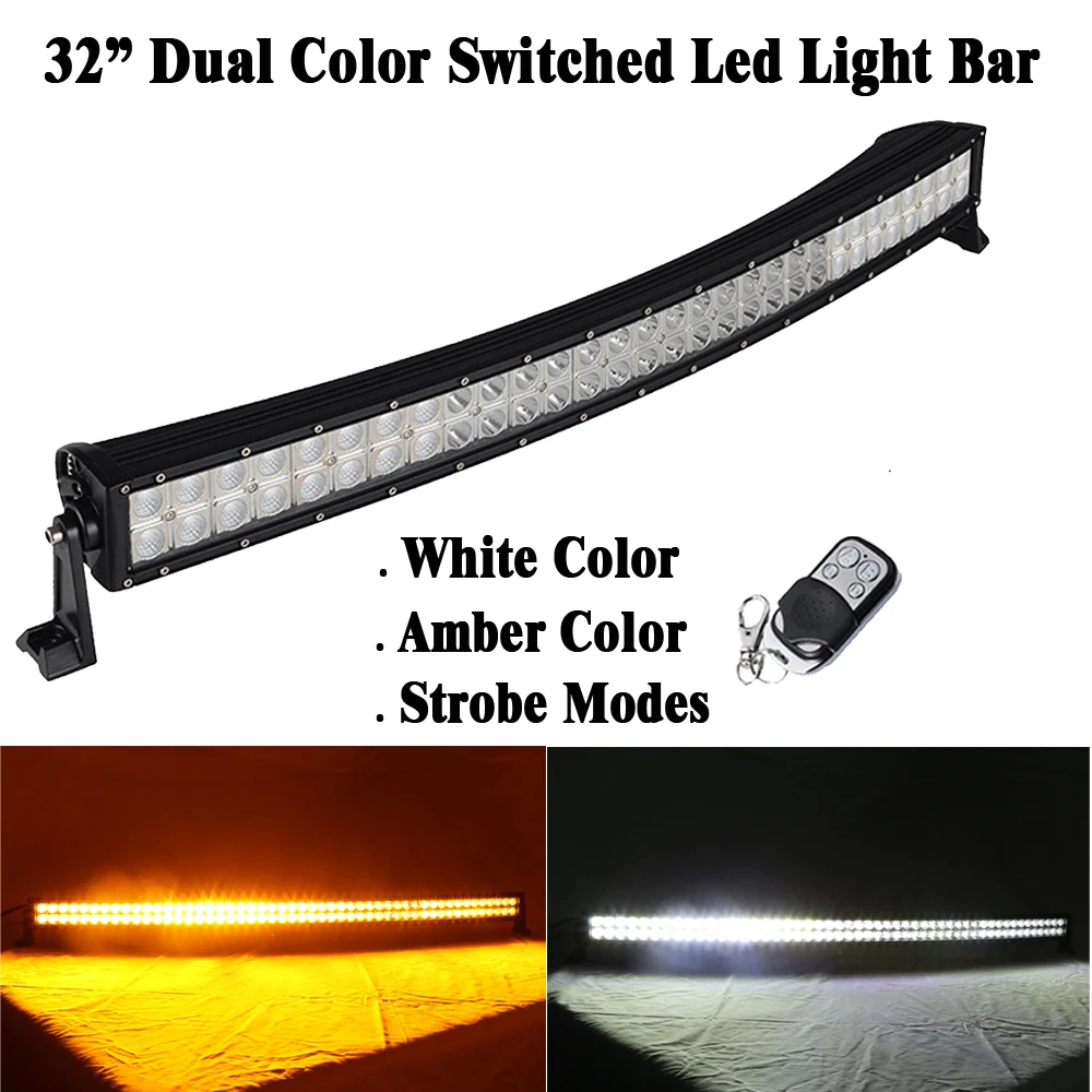 

32" inch 180W Dual Color Switched White Amber Strobeflash Led Curved Work Light Bar Offroad SUV Truck Remote Green/Blue/Red