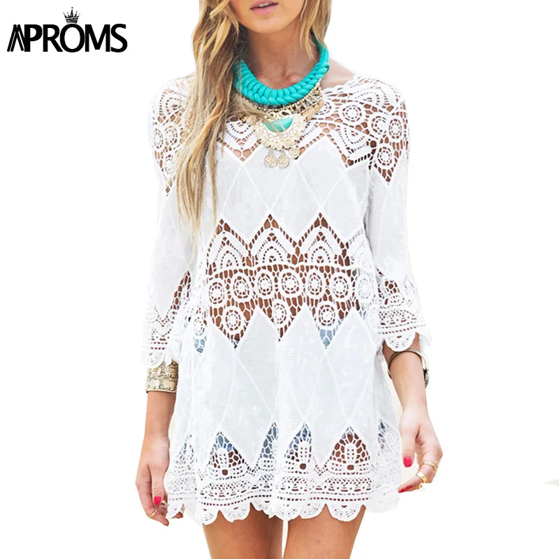 Aproms Elegant Women's Crochet Lace Blouse Casual 3/4 Sleeve White Sheer Shirt Tunic Tops Sexy Women Beach Cover up Blusas 2019
Aproms Elegant Women's Crochet Lace Blouse Casual 3/4 Sleeve White Sheer Shirt Tunic Tops Sexy Women Beach Cover up Blusas 2019