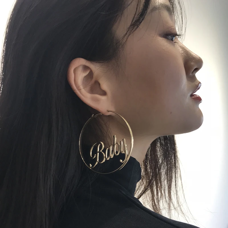 Statement Baby Femme Letter Big Hoop Earrings For Women Girl Simple Gold Color Punk Large Circle Earrings Dancer Jewelry ABE6
Statement Baby Femme Letter Big Hoop Earrings For Women Girl Simple Gold Color Punk Large Circle Earrings Dancer Jewelry ABE6