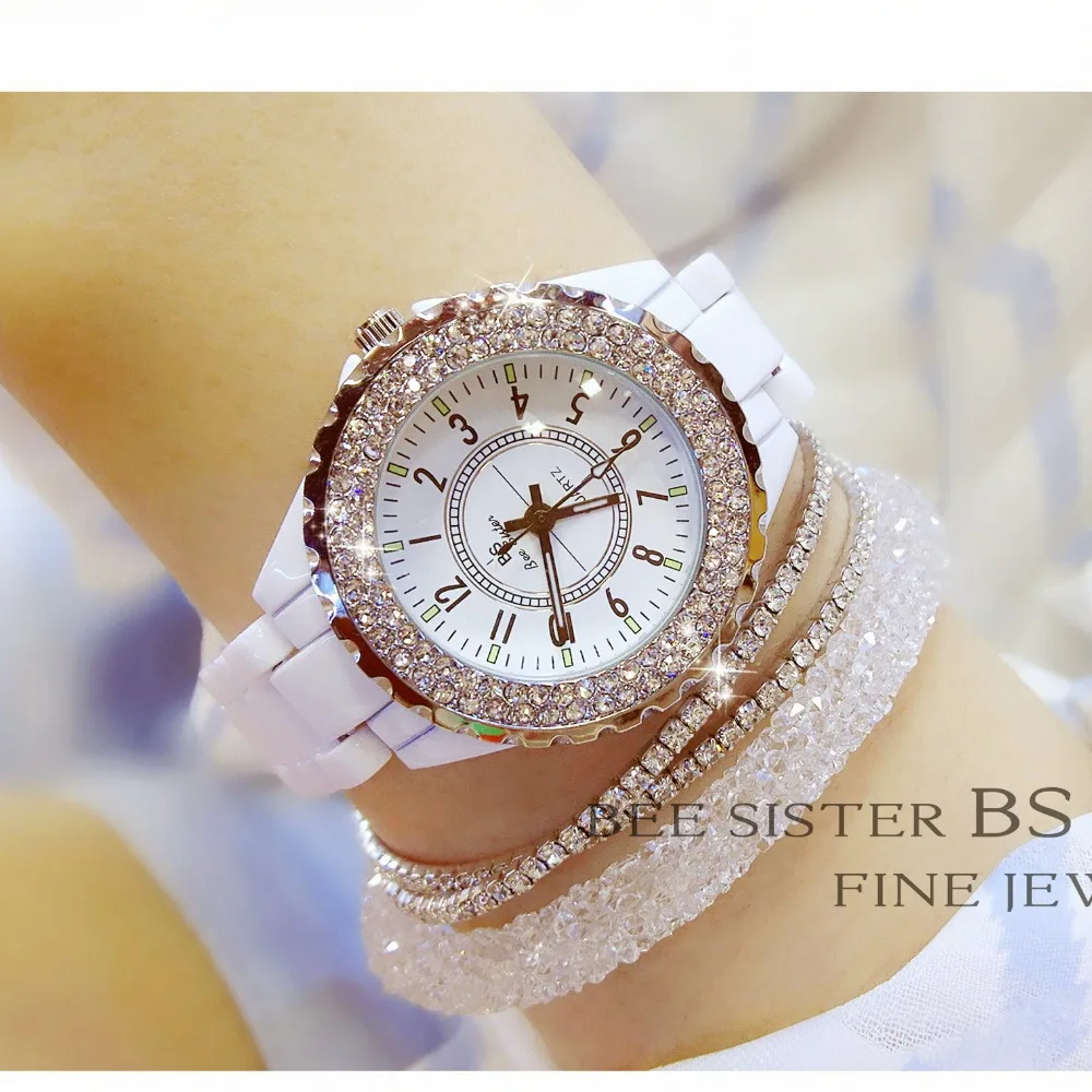 Фото Часы женские кварцевые с керамическим ремешком белые со стразами  Наручные | Женские наручные часы (1005001758802447)