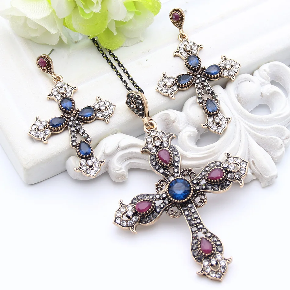 Flower Cross Vintage Morocco Jewelry Sets Necklace & Earrings Luxury Resin Crystal Red Blue jewelry Bijuterias Women Collar Sets
Flower Cross Vintage Morocco Jewelry Sets Necklace & Earrings Luxury Resin Crystal Red Blue jewelry Bijuterias Women Collar Sets