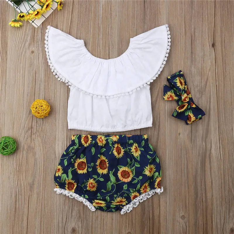 US Toddler Kid Baby Girl Clothes Sunflower Ruffle Top+Shorts 2PCS Outfits Summer
