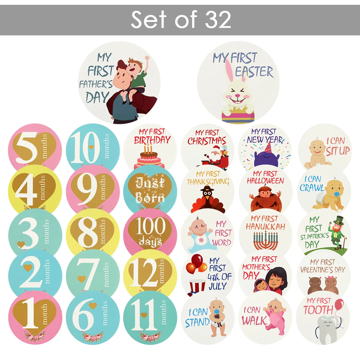 32pcs Classic Baby First Year Photo Prop Stickers 14 Baby Monthly Stickers 6 Baby Milestone Stickers 12 Baby Holiday Stickers
32pcs Classic Baby First Year Photo Prop Stickers 14 Baby Monthly Stickers 6 Baby Milestone Stickers 12 Baby Holiday Stickers