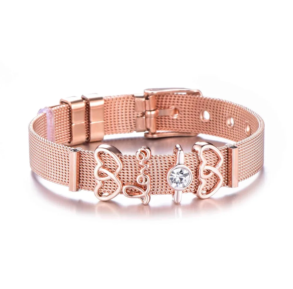 Rose Gold Color Stainless Steel Mesh Bracelet Set Heart Crystal Charm Brand Bracelet Bangle for Woman Lovers Girlfriend Gift
Rose Gold Color Stainless Steel Mesh Bracelet Set Heart Crystal Charm Brand Bracelet Bangle for Woman Lovers Girlfriend Gift
