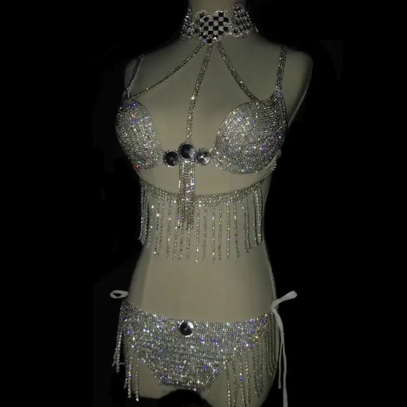 Sparkly Rhinestones Bra Short Bikini Set Nightclub DJ DS Female Singer Tassel Costumes Women's Dance Birthday Sexy Outfit |