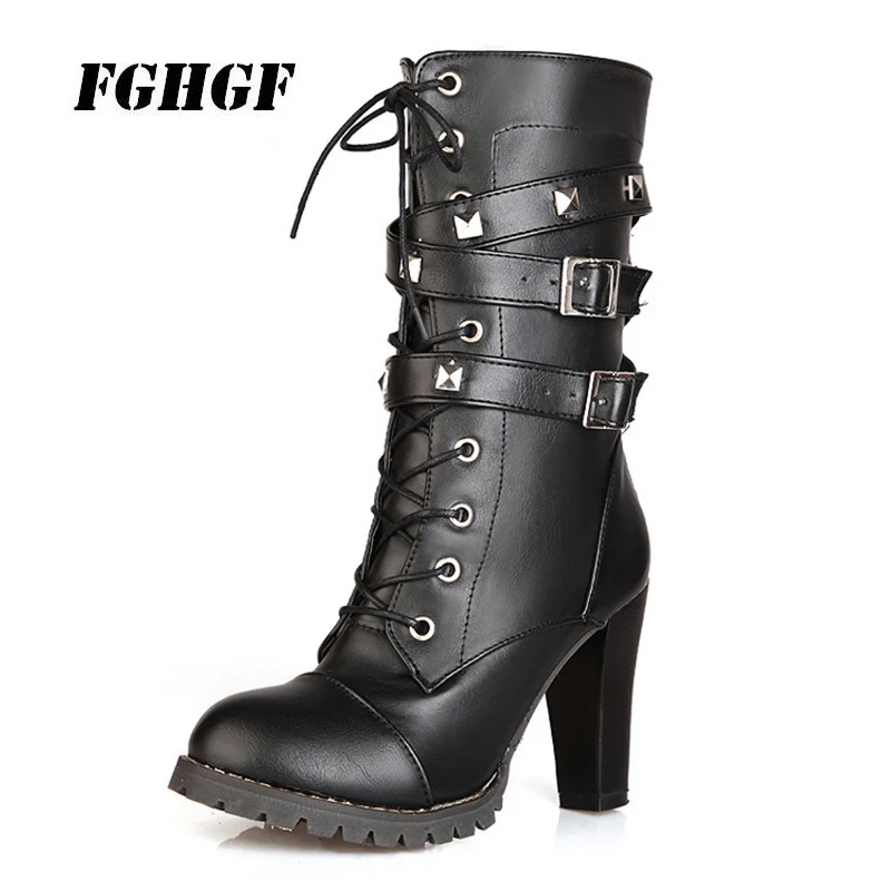 

New comfortable side zipper rivet thick heel middle boots High-heeled lace-up Martin boots Big yards for women's shoes 34-48