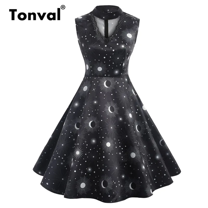 Tonval Vintage Black Print Stand Collar High Waist Party Dress Women Lace Trim Hollow V Neck A Line Retro Dresses
Tonval Vintage Black Print Stand Collar High Waist Party Dress Women Lace Trim Hollow V Neck A Line Retro Dresses