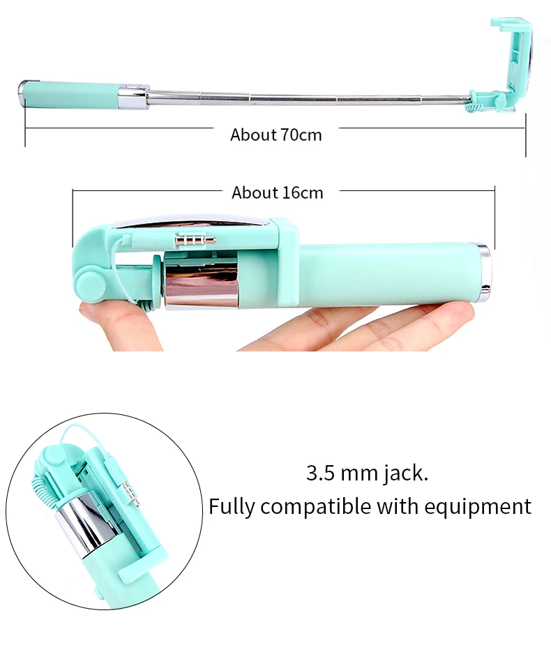 HOTR Mirror Selfie Stick Monopod Premium Quality Wired Selfie Stick Extendable for iPhone 6 Plus 5 5s 4s For Samsung S8 plus s7