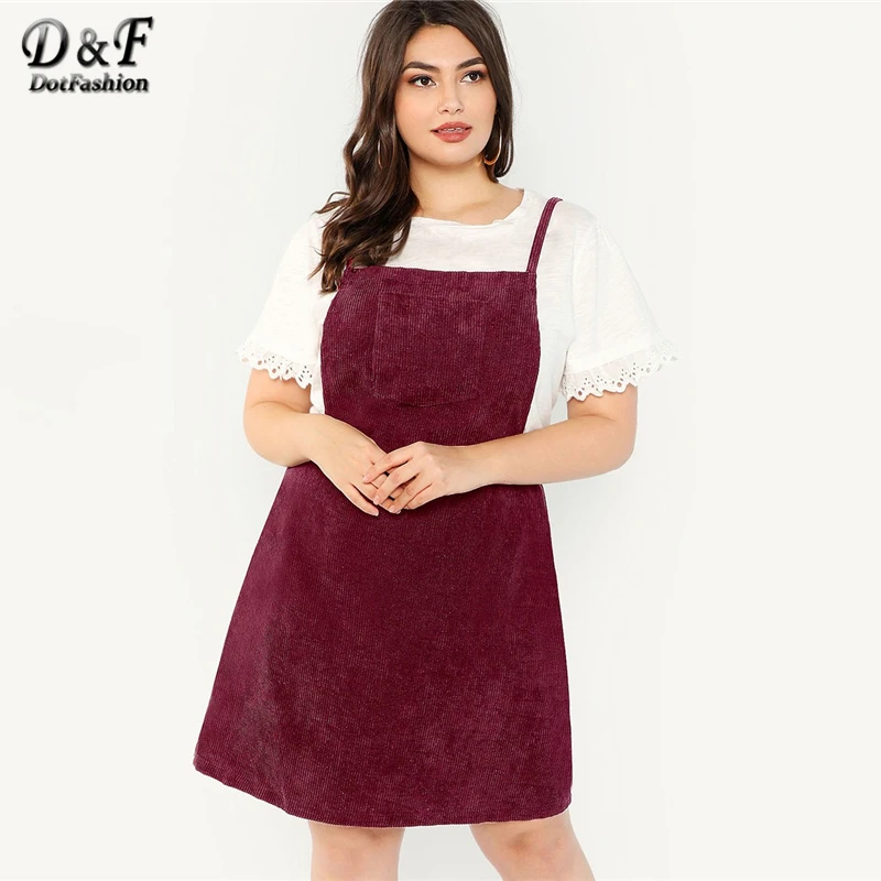 

Dotfashion Plus Size Burgundy Bib Pocket Patched Corduroy Dresses Womens 2019 Autumn Casual Knee Length Criss Cross Slip Dress