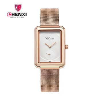 

CHENXI Steel Women Watch Female Quartz Wrist Watches 30M Waterproof Watch 090 Rectangular Dial Rose Gold Wristwatch Women Lady