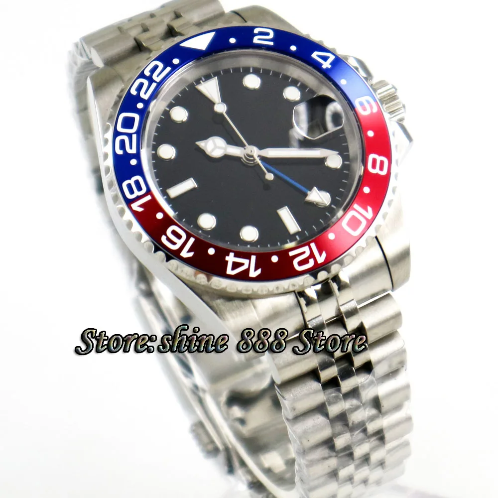 

40mm PARNIS black sterile dial Pepsi bezel Jubilee steel strap Sapphire Blue GMT automatic mens watch