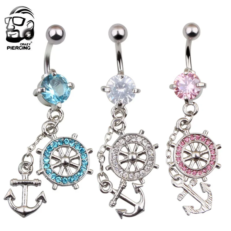1PC Steel Navel Piercing Belly Button Rings Crystal Nautical Anchor Wheel Dangle Ring Sexy Body Jewelry |
