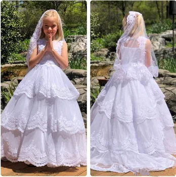 Pure White Tulle Princess Dress Tiered Flower Girl Dress with Lace Appliques Hollow Lace Up Back Custom Made Girls Pageant Gowns
Pure White Tulle Princess Dress Tiered Flower Girl Dress with Lace Appliques Hollow Lace Up Back Custom Made Girls Pageant Gowns