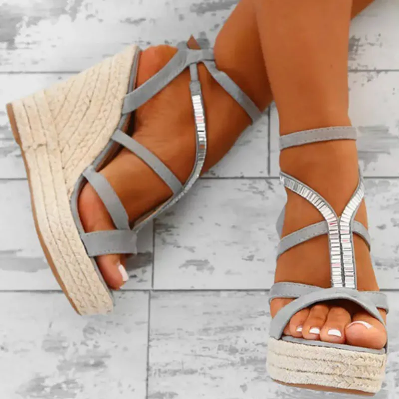 2018 new color matching fashion cross strap high heel women's sandal wedge heel women's shoes