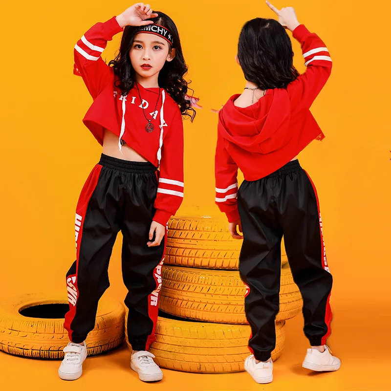 Jazz Dance Costumes Hip Hop Kids Long Sleeve Hooded Top Jogger Pants Girls Hiphop Clothes Street Dance Stage Show Wear (5)