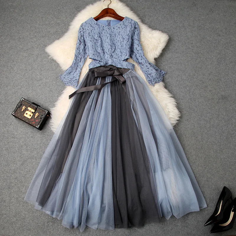Skirt Suits 2019 Women's Spring Summer Flare Sleeved Hollow Out Waist Short Lace Top + Contrast Color Mesh Elastic Waist Skirt
Skirt Suits 2019 Women's Spring Summer Flare Sleeved Hollow Out Waist Short Lace Top + Contrast Color Mesh Elastic Waist Skirt