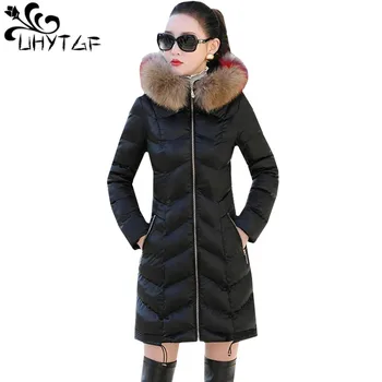 UHYTGF High quality PU leather Winter jacket Women long Down jacket Slim Warm Outerwear Fur collar Hooded Cotton Coat 55
UHYTGF High quality PU leather Winter jacket Women long Down jacket Slim Warm Outerwear Fur collar Hooded Cotton Coat 55
