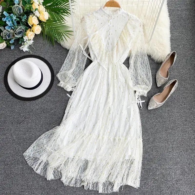 HISUMA 2019 Spring summer new female chic stand collar puff sleeve ruffles lace A-line dress women's elegant waist mesh dresses
HISUMA 2019 Spring summer new female chic stand collar puff sleeve ruffles lace A-line dress women's elegant waist mesh dresses