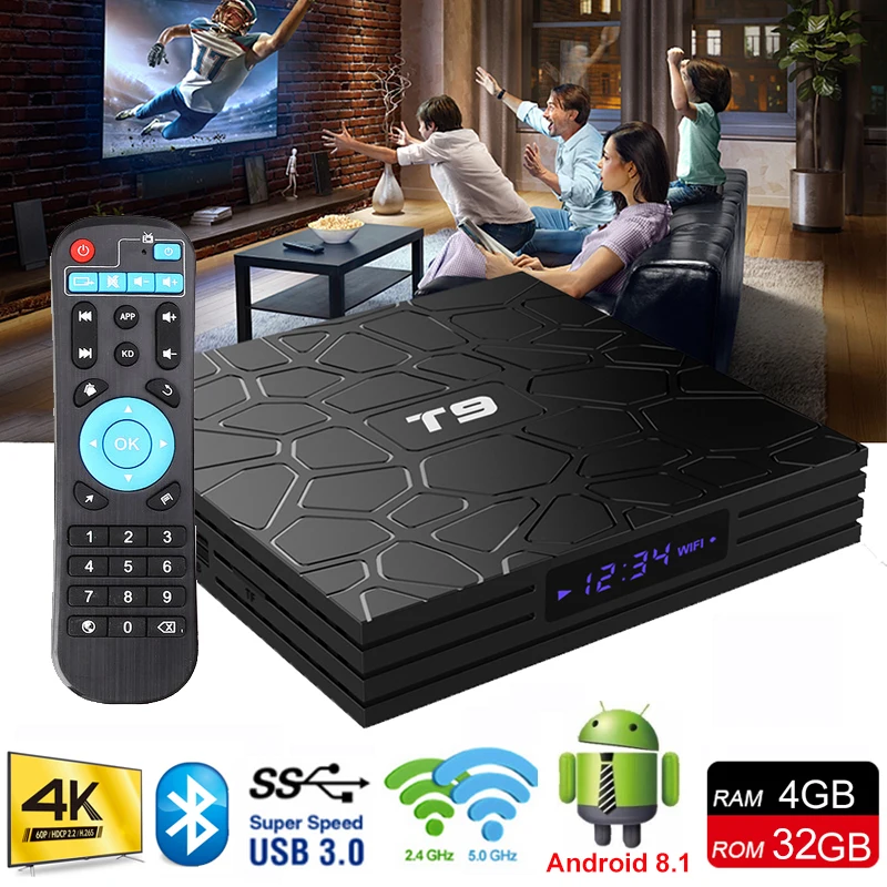 

Original Android TV Box 9.0 RK3328 Quad Core 4G ROM 32G RAM USB3.0 4K Set Top Box 2.4G WIFI BT4.1 H.265 Smart TV Media Player T9