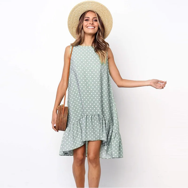 

Summer women sundress Women sleeveless ruffle polka dot printed shift dress with flounce Bohemian beach holiday green dress