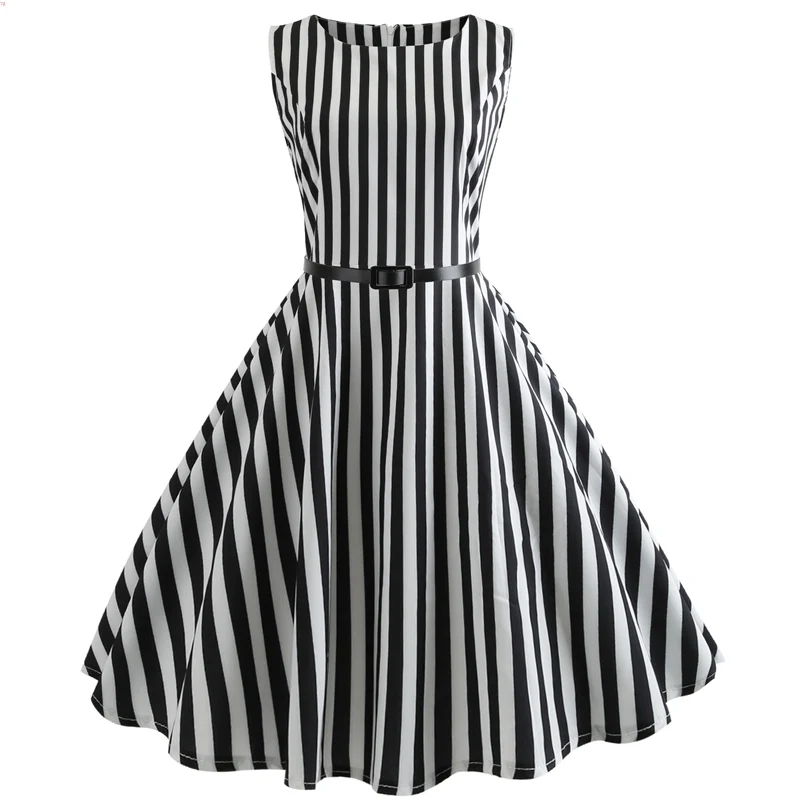 Kostlich O-Neck Casual Ladies Dresses Plus Size Summer Hepburn Vintage Dress With Sashes Women Striped Printed Big Swing Dress (2)
