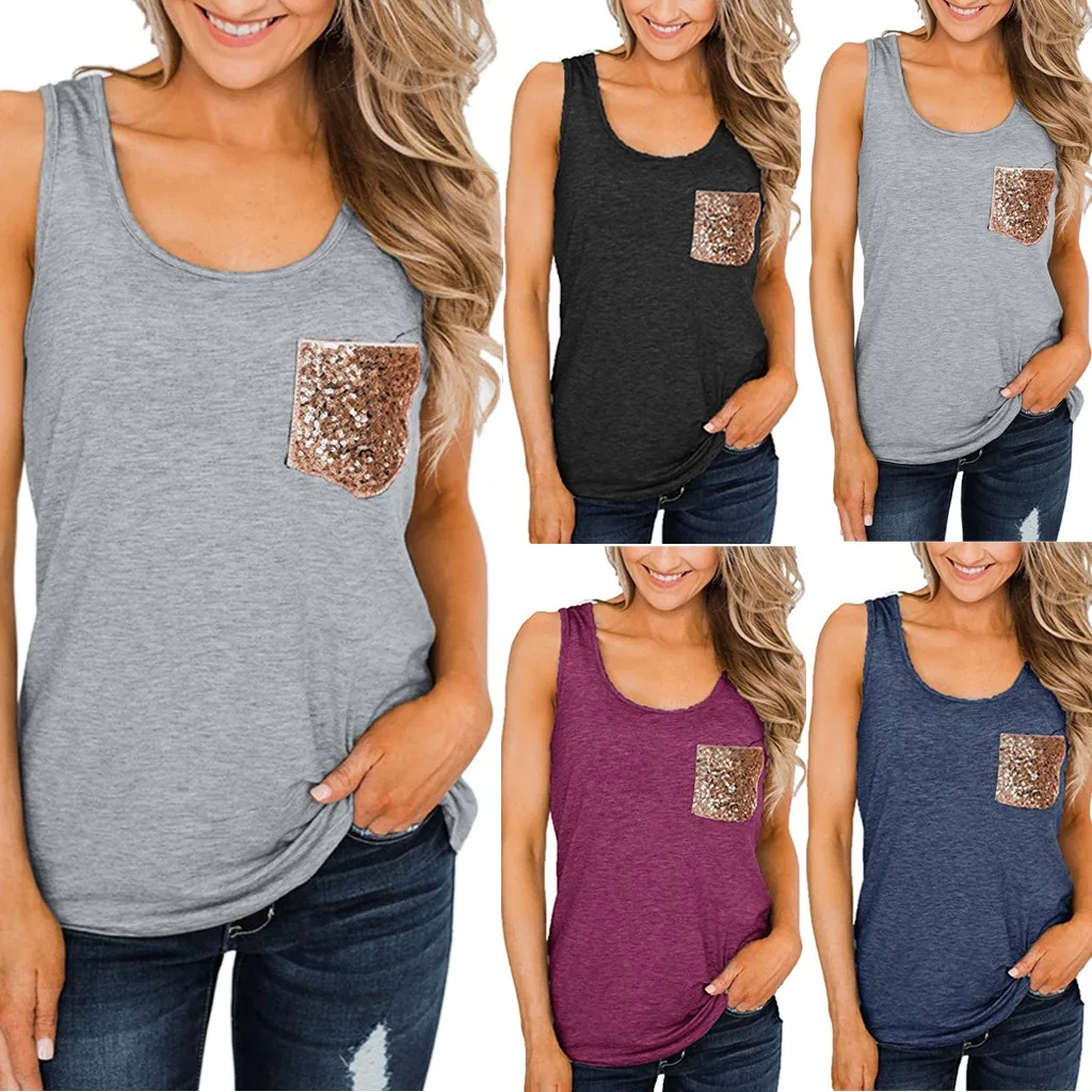 Female Neck Cami Tank Tops girl Summer Casual Tees Sequin Pocket Shirt Women's fashion sequined pocket top vest oberteile damen
Female Neck Cami Tank Tops girl Summer Casual Tees Sequin Pocket Shirt Women's fashion sequined pocket top vest oberteile damen