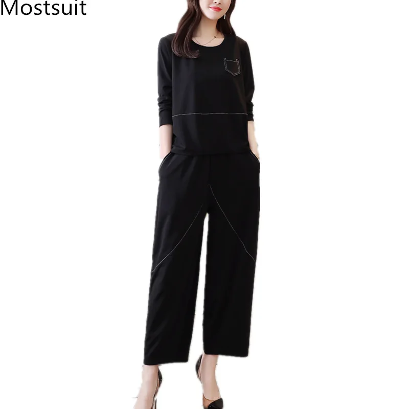 Spring Summer Black Two Piece Sets Women Plus Size Long Sleeve Tops And Wide Leg Pants Suits Casual Office Elegant Women's Sets
Spring Summer Black Two Piece Sets Women Plus Size Long Sleeve Tops And Wide Leg Pants Suits Casual Office Elegant Women's Sets