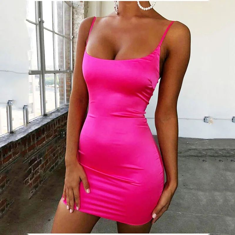 Stretch Mini Satin Dress Women Sexy Straps Slim Fit Bodycon Party Dress Neon Green Pink Dress Summer Dreses Dual-layered
Stretch Mini Satin Dress Women Sexy Straps Slim Fit Bodycon Party Dress Neon Green Pink Dress Summer Dreses Dual-layered