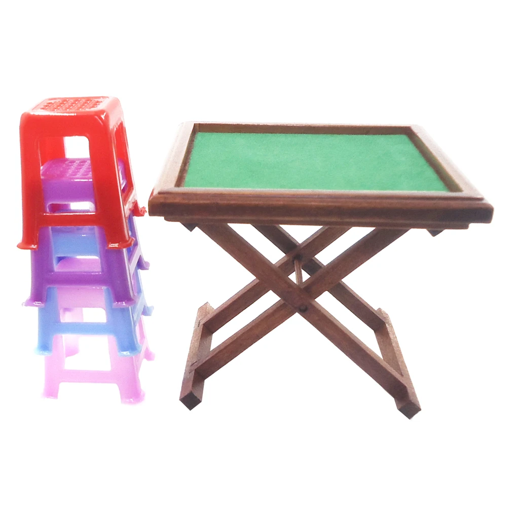 New 1/12 Scale Dollhouse Miniature MahJong Game Set with 4 Stools for 1:12 Dollhouse Decor Kids Toys Birthday Gift Collectibles
