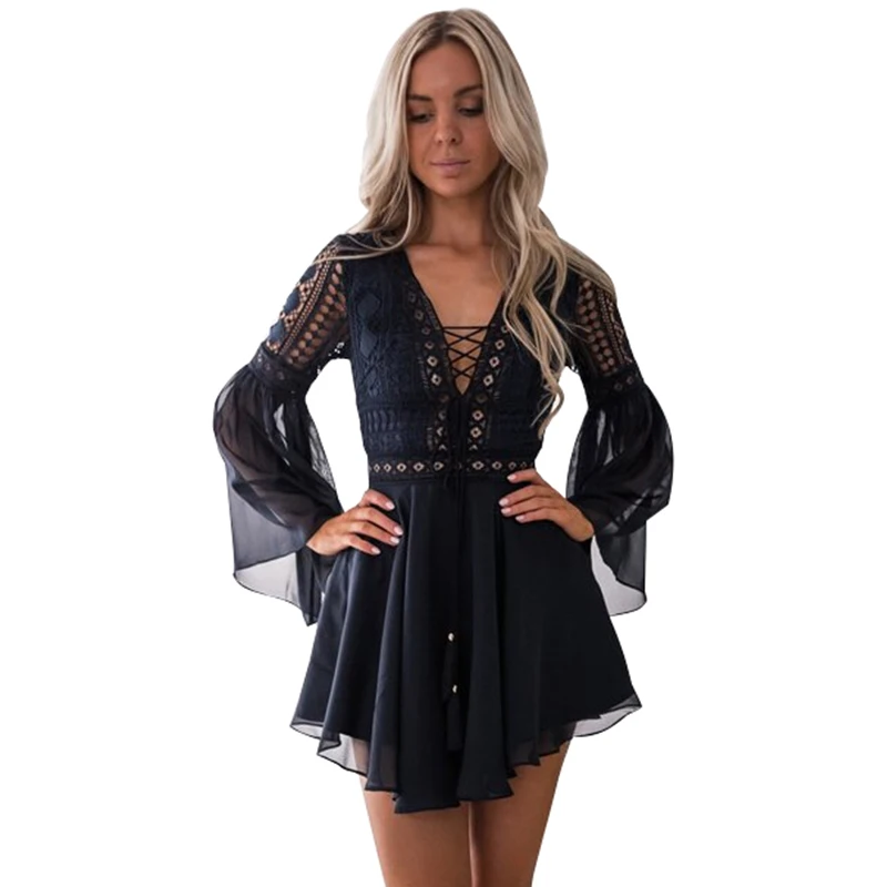 Hollow Out Chiffon Lace Dress Women Sexy Mini Dress Criss Cross Bandage Semi-sheer Plunge V-Neck Long Sleeve Dress Black/White
Hollow Out Chiffon Lace Dress Women Sexy Mini Dress Criss Cross Bandage Semi-sheer Plunge V-Neck Long Sleeve Dress Black/White