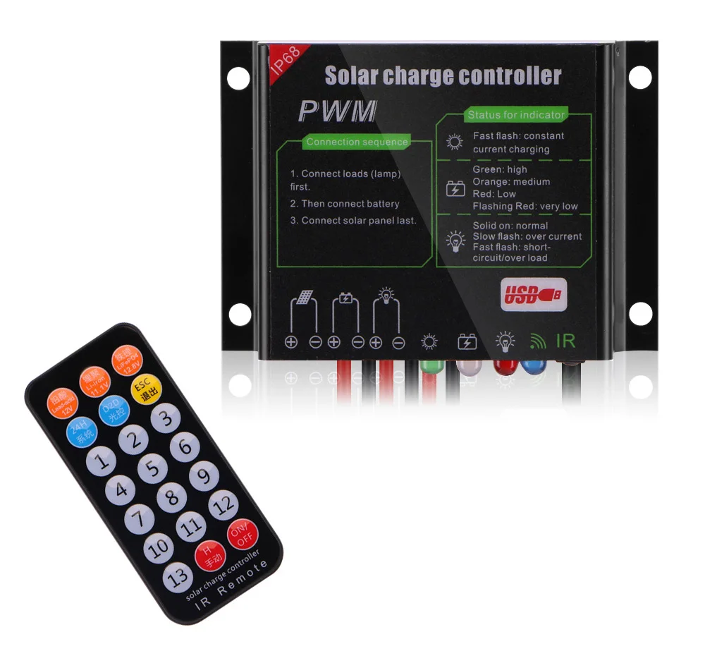 20A Solar Panel Charge Controller IP68 Waterproof Solar Regulator with USB Port, IR Remote Control 12V/24V
20A Solar Panel Charge Controller IP68 Waterproof Solar Regulator with USB Port, IR Remote Control 12V/24V